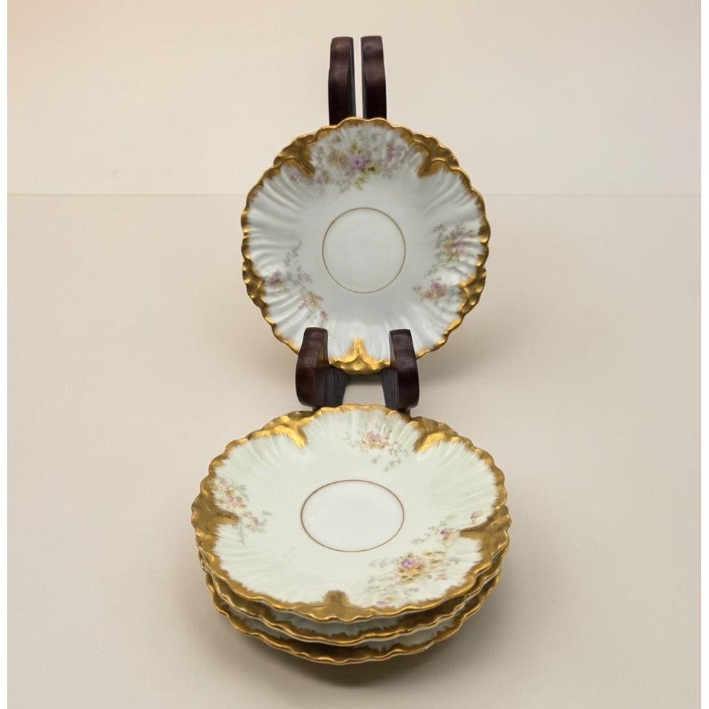 Set Of 4 Bawo & Dotter Elite Works Limoges France‎ Floral/Gold Demitasse Saucers